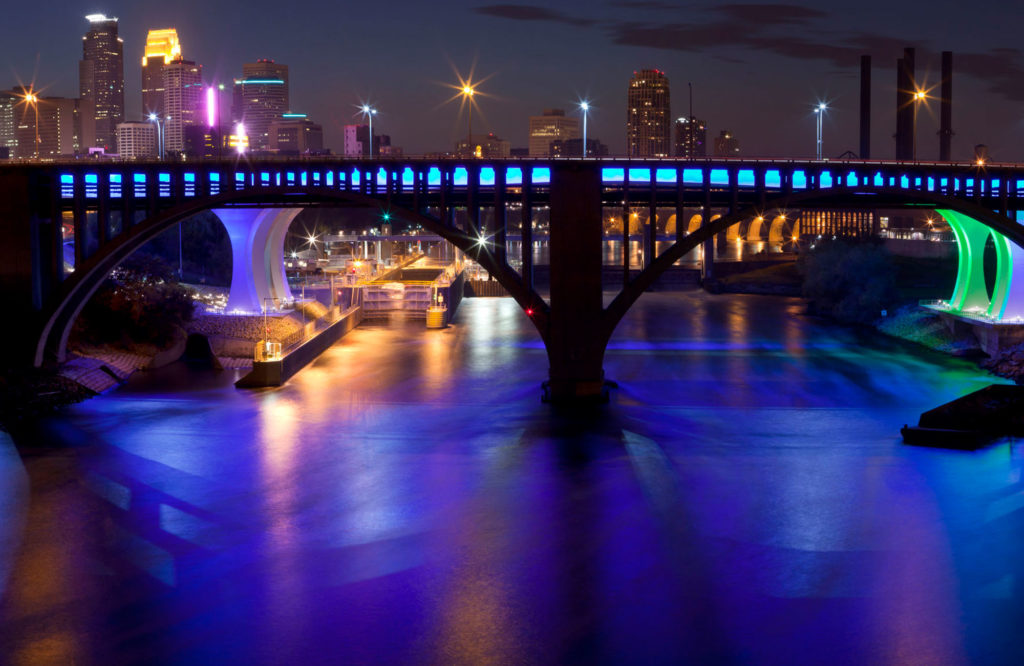 35W Bridge light up at night in Minneapolis, MN