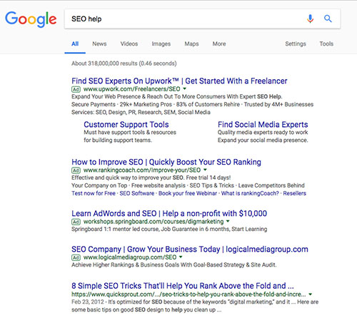 SEO Help in Minneapolis – Example of SEO paid ads with Google AdWords.