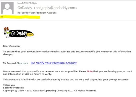 Go Daddy domain name email phishing scam