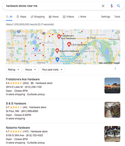 Google local 3 pack results for "Near Me"