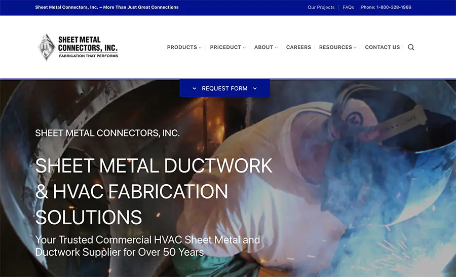 SMC Duct website homepage featuring custom HVAC duct fabrication services