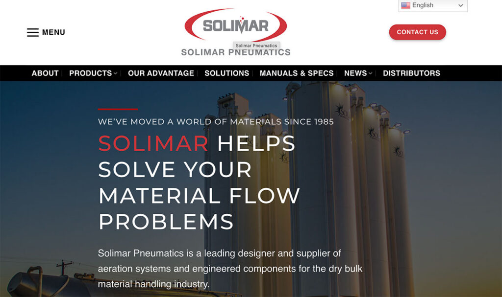 Solimar Pneumatics website design featuring industrial material flow solutions.