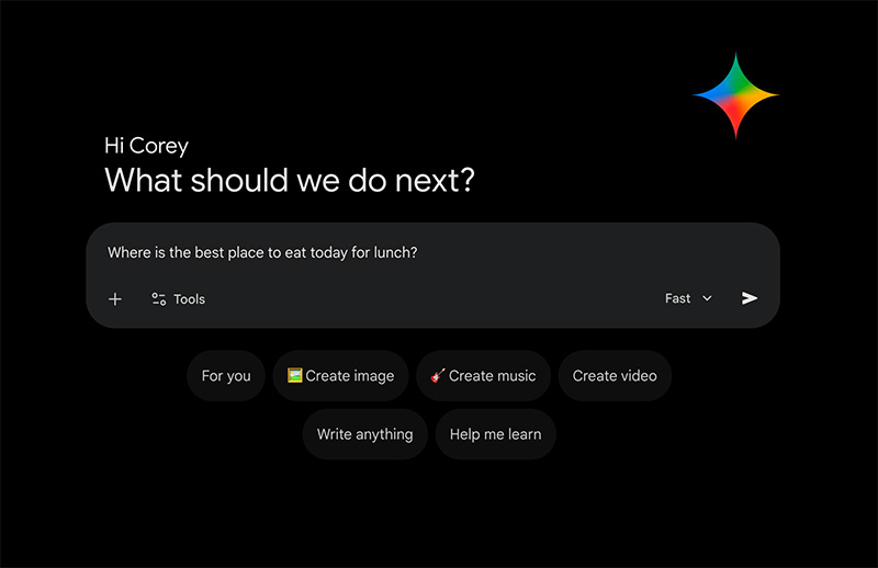 A screenshot of the Google Gemini AI interface showing the prompt "What should we do next?" with suggested action buttons for creating images, writing, and learning, used as an example of how AI tools provide direct answers to users.