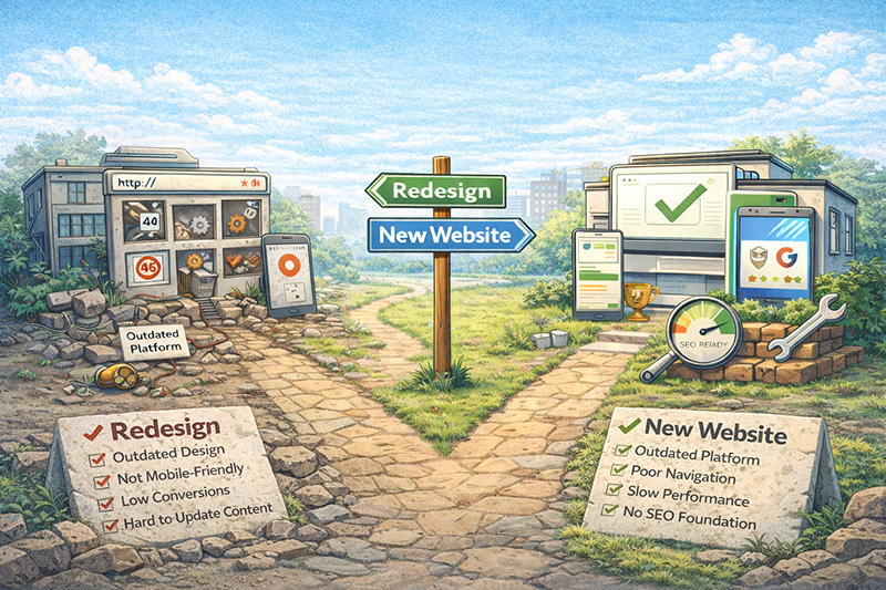 An illustration of a landscape with two paths diverging toward different goals: one sign points to "Redesign" with a modern website layout icon, and the other points to "New Website" with a building icon. The visual represents the choice between updating an existing site or starting fresh.