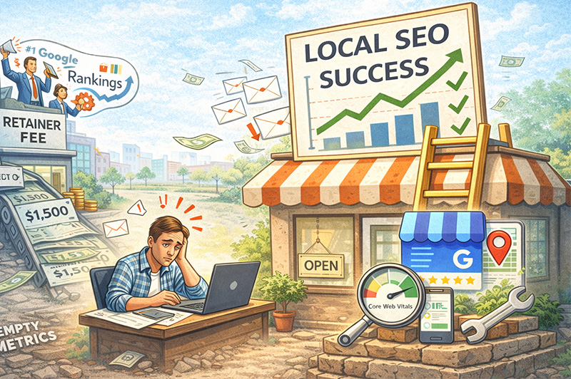 An illustration representing local SEO success, featuring a shop storefront with a "Local SEO Success" sign, a person working on a laptop, and various digital marketing icons like location pins, gears, and graphs.