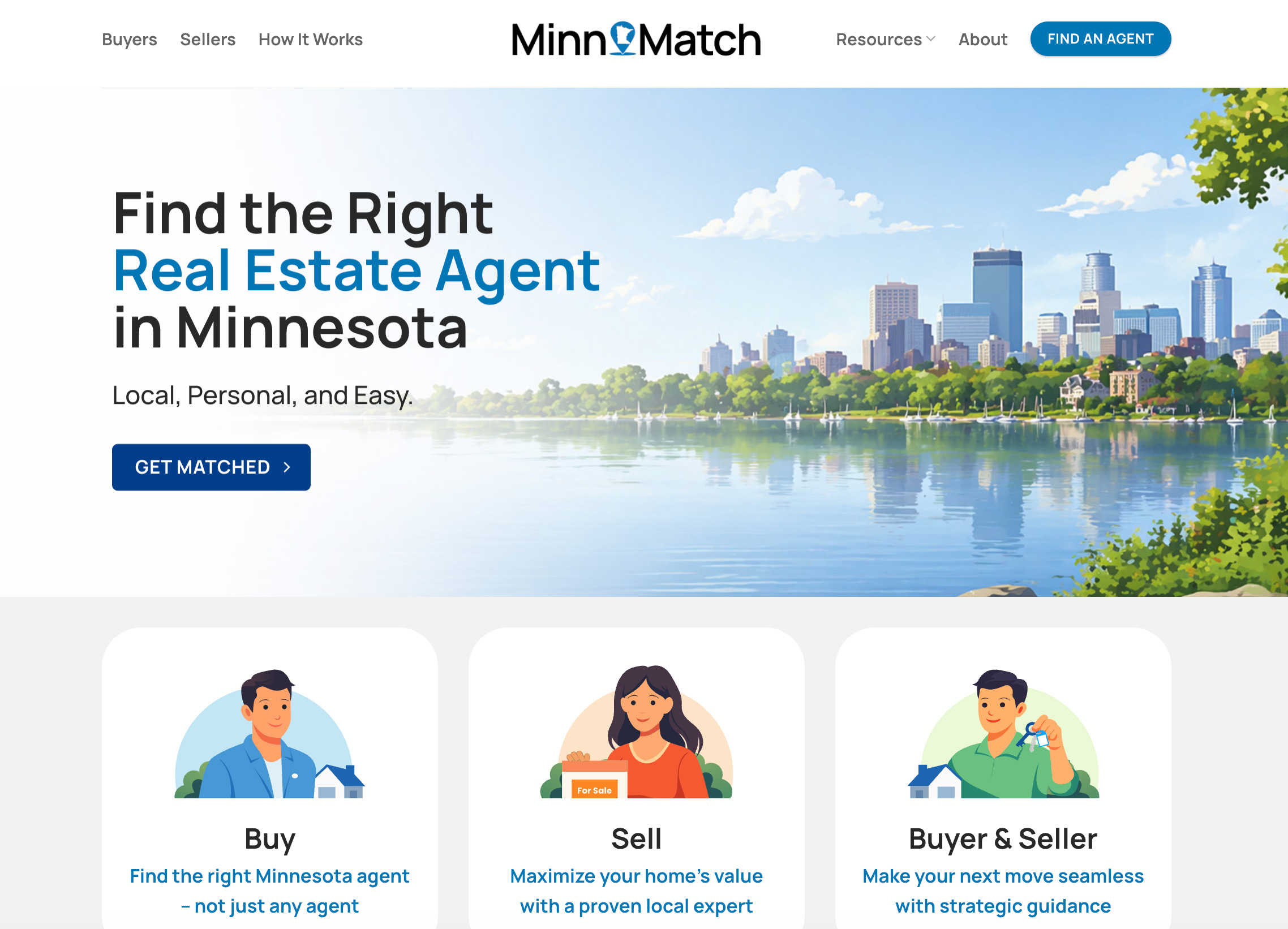 A laptop screen displaying the MinnMatch homepage, featuring a clean blue and white real estate agent matching interface with custom illustrations of a house, a realtor, and a couple, set against a Minnesota lake background.