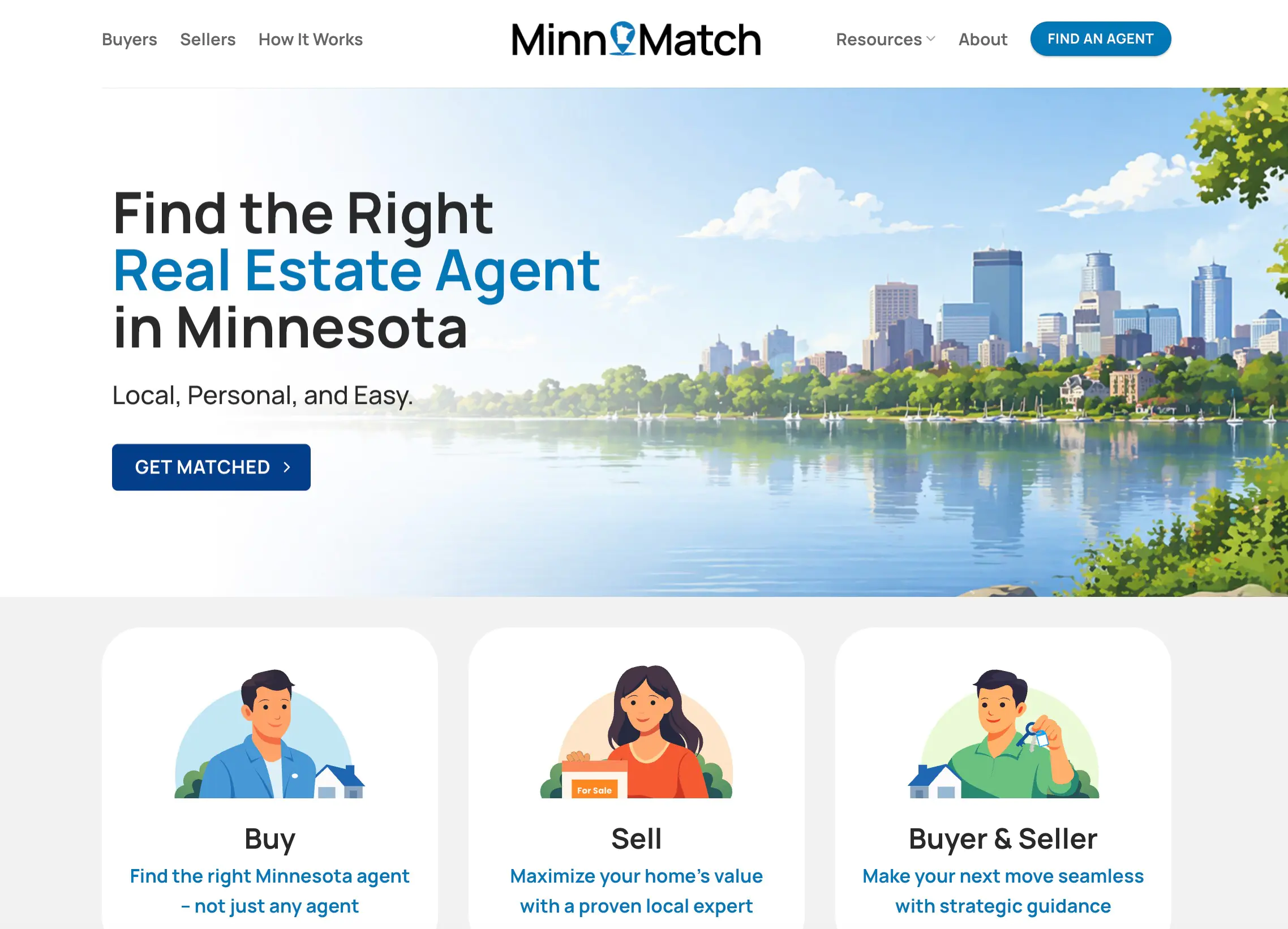 A laptop screen displaying the MinnMatch homepage, featuring a clean blue and white real estate agent matching interface with custom illustrations of a house, a realtor, and a couple, set against a Minnesota lake background.